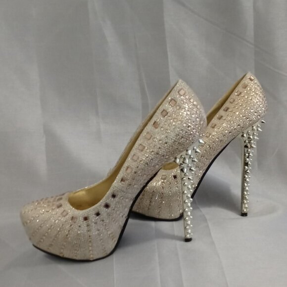 Champagne Rose Rhinestone Gold Spiked Heel 5 1/2in Platform Stiletto - Picture 2 of 12